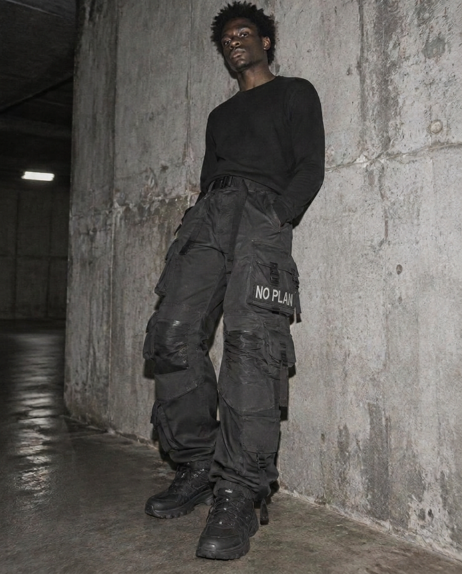 Concept model wearing NO PLAN black technical cargo pants — visual preview