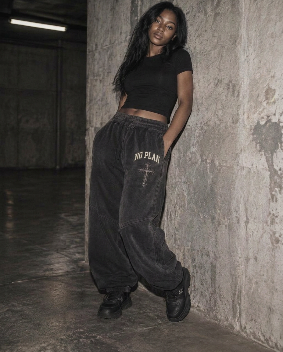 Concept model wearing NO PLAN washed charcoal relaxed-fit joggers — visual preview