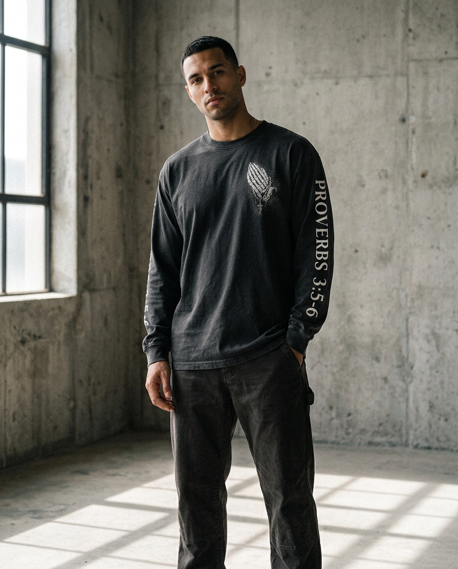 Concept model wearing a washed black Proverbs long-sleeve shirt — visual preview