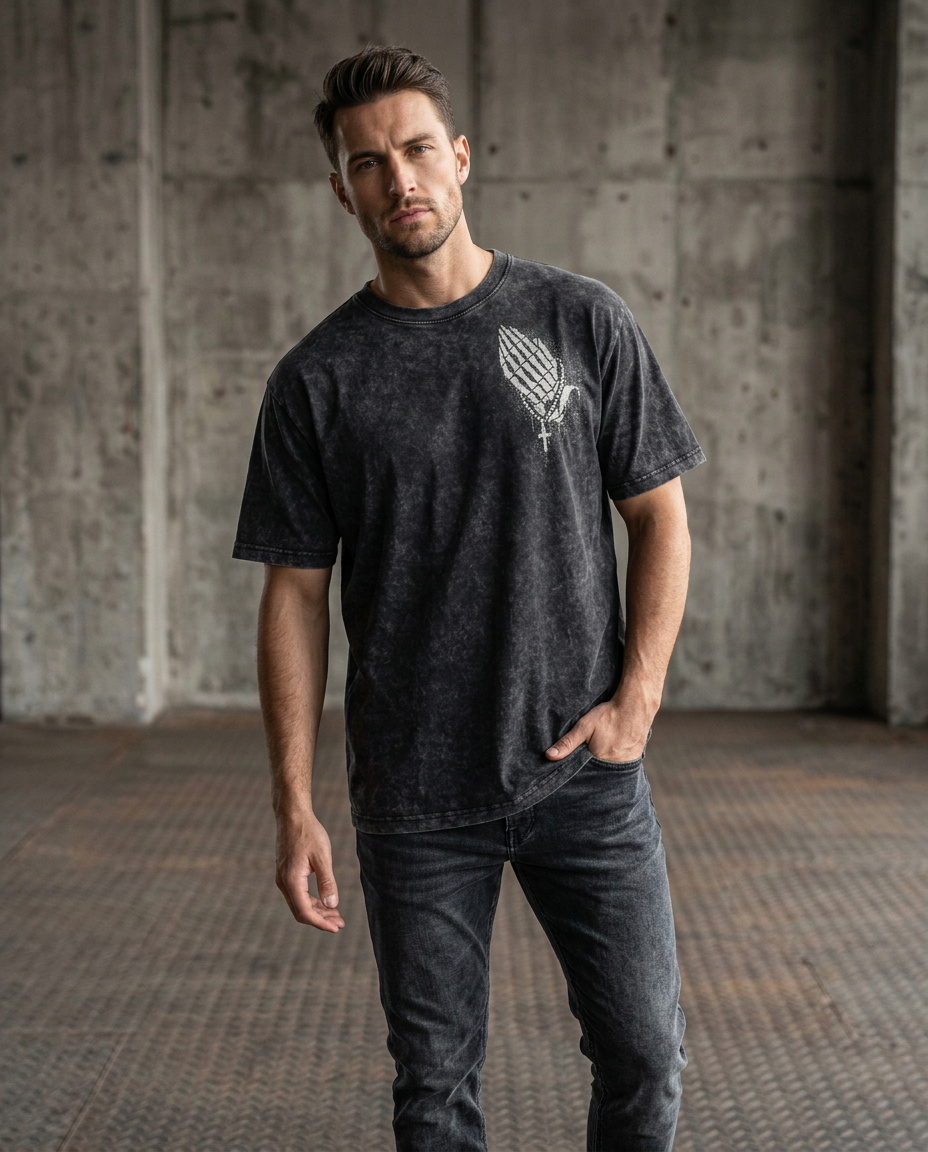 Model wearing the washed black Proverbs praying hands T-shirt — visual preview